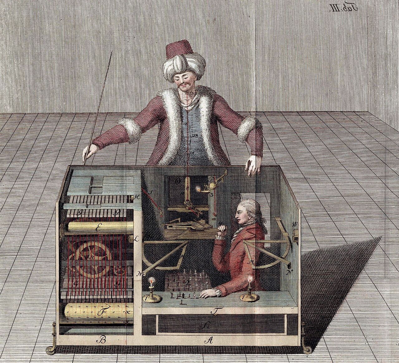 Colored print of a "Mechanical Turk," which was a machine from the late 1700s that could play chess against a human opponent. In truth a human hiding inside the table portion controlled the device.